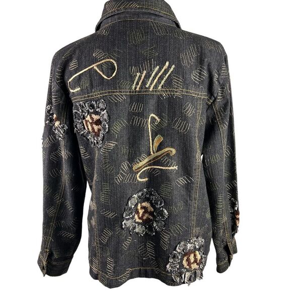 Alex Kim Embroidered Denim Jacket Large Washed Black Tan - Picture 2 of 11
